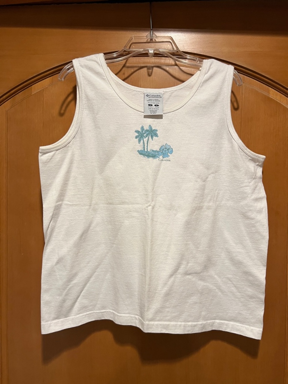 Columbia White Tank Top with Teal Palm & Hibiscus Graphic